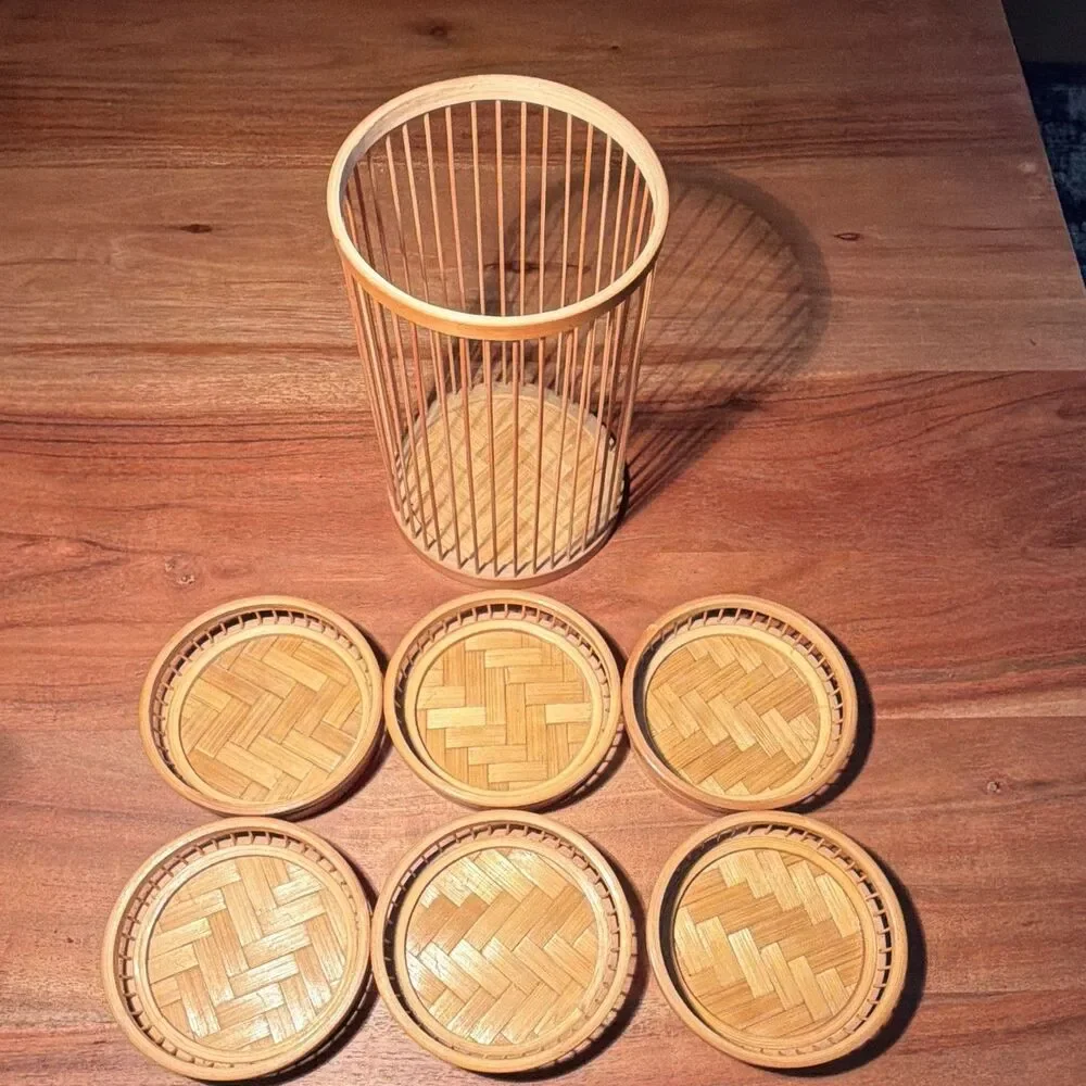 MCM/Rustic Bamboo Woven Round Coaster & Holder Set of 6 Stackable with Rack